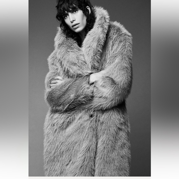 ZARA TAUPE GRAY LONG FAUX FUR COAT - Picture 13 of 16